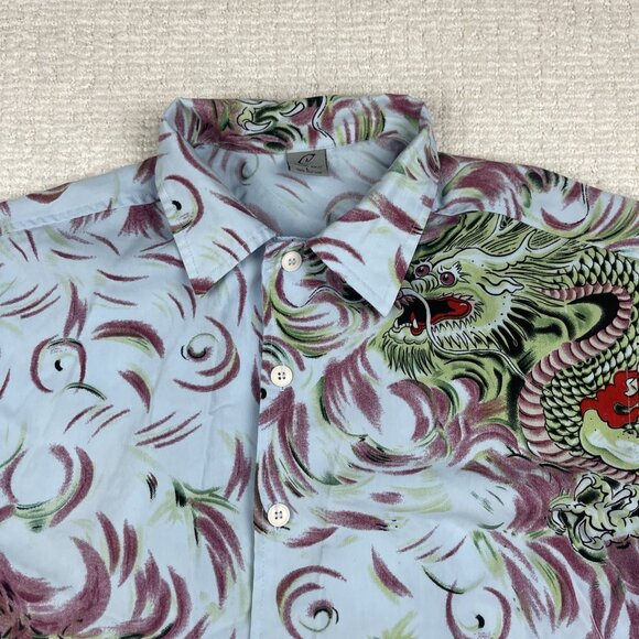 Y2K Claudio Nucci Trippy Flames Dragon AOP  Button Shirt Men Sz L Blue / Green - Picture 2 of 16